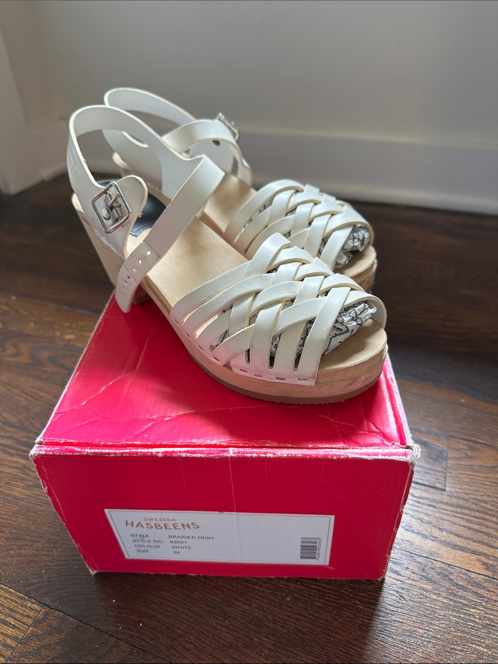 Swedish Hasbeens Braided High White Woven Leather Wedge Sandals 39